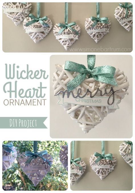 Wicker Heart Ornaments, made from a garland of woven wicker hearts from Kmart. See Wicker hearts ornament. For details visit http://simonebartrum.com/cards/diy-project-wicker-ornament/ for more info. Wicker Furniture Outdoor, Wicker Kitchen, Wicker Heart, Wire Jig, Wicker Dresser, Wicker Couch, Wicker Box, Christmas Crafty, Heart Christmas Ornaments