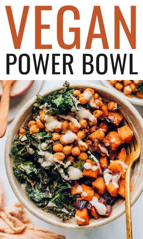 Vegan Power Bowl Kale Power Bowl, Vegan Power Bowl, Sweet Potatoes And Kale, Apple Cider Vinegar Dressing, Cider Vinegar Dressing, Potatoes And Kale, Spicy Chickpeas, Seasoned Chickpeas, Nourish Bowls