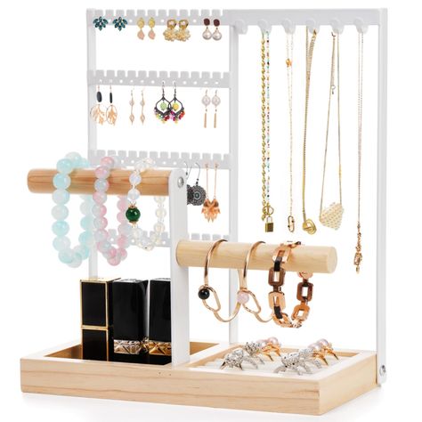 PRICES MAY VARY. Premium Material: Our jewelry organizer is combined with high quality iron body and natural wood made tray and handles, non-toxic, durable and stable enough for safely hung. 5-Tier Design: With 5 tiers and a tray, this jewelry stand display has large storage to hold various bracelets, rings, necklaces and watches. Each type of jewelry has its own storing area, well organized for you to access everything without any hassle. ​The bottom tray easily holds rings, lipsticks, hair acc Bracelet Hanger, Jewelry Organizer Stand, Ring Tray, Jewelry Rack, Necklace Stand, Stand Display, Iron Body, Necklace Organizer, Wooden Bracelet