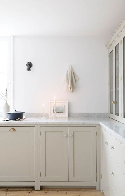 Color Trend: Clay is the New Gray #home Tan Kitchen Cabinets, Neutral Kitchen Cabinets, Greige Kitchen, Kitchen Cabinet Trends, Devol Kitchens, Neutral Kitchen, New Kitchen Cabinets, Ideas Hogar, Marble Counter