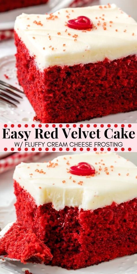 This easy red velvet cake is fluffy, moist, topped with cream cheese frosting, and has the most beautiful red color. It has the perfect red velvet flavor that's slightly tangy with a milk chocolate taste. Easy to make & oh so delicious - it's the perfect red velvet cake recipe. #redvelvet #cake #recipes #valentinesday #christmas #baking #redvelvetcake #creamcheesefrosting Perfect Red Velvet Cake Recipe, Red Velvet Cake Recipe Easy, Easy Red Velvet Cake, Redvelvet Cake, Fluffy Cream Cheese Frosting, Easy Red Velvet, Easy Vanilla Cake Recipe, Bolo Red Velvet, Resipi Kek