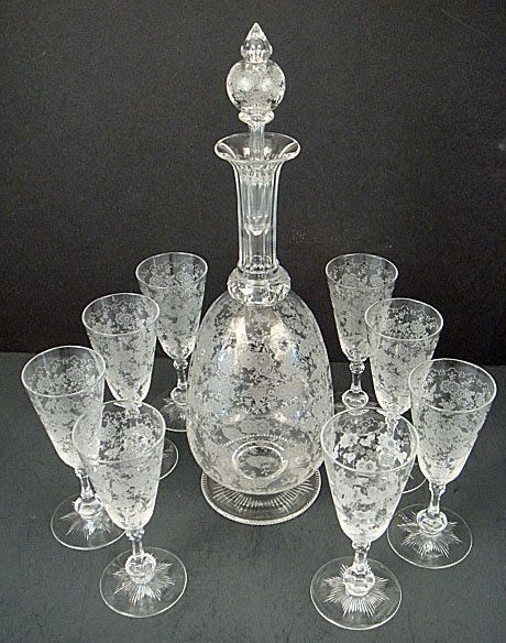 antique etched crystal stemware | Antique Baccarat Etched Crystal Decanter & Glasses. French, c.1900. Crystal Glassware Antiques, Bohemia Crystal, Crystal Stemware, Baccarat Crystal, Crystal Decanter, Antique Glassware, Crystal Glassware, Gorgeous Glass, Glass Decanter