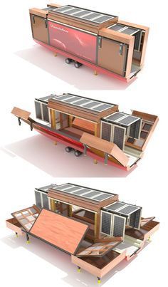 spacious-fold-out-house Flat Pack Homes, Container Home Designs, Tiny Mobile House, Mobile Home Living, Container Architecture, Casa Container, Tiny Spaces, Container House Design, Houseboat