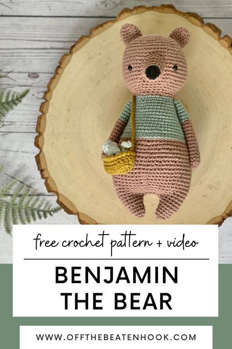 Charming and adorable, this free teddy bear crochet pattern comes with a video tutorial to help you along the way! Benjamin the Bear with his little basket of fish will make the perfect special handmade gift for your little one or someone you love. Get the free amigurumi brown bear pattern + video tutorial here! Crochet Polar Bear Pattern Free Amigurumi, Lovely Crochet Pattern, Brown Crochet Animals, Crochet Amigurumi Tutorial, Crochet Woodland Animals Free Pattern, Free Bear Crochet Pattern, Crochet Stuffy Free Pattern, Crochet Stuffed Animals Free Patterns Easy, Crochet Animal Pattern Free