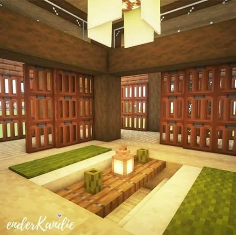 Minecraft Japanese Room Ideas, Japanese Bathhouse Minecraft, Japanese Inspired Minecraft House, Minecraft Japanese Floor Pattern, Minecraft Japanese Temple Interior, Minecraft Japanese Builds Interior, Japanese Stable Minecraft, Minecraft Ceiling Light Ideas, Minecraft Large Windows Design