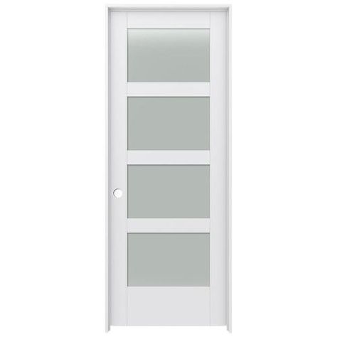 Shop jeld-wen moda 1044w primed 4 panel square solid core frosted glass mdf pre-hung door (common: 32-in x 80-in; actual: 33.5625-in x 81.6875-in) in the pre-hung doors section of Lowes.com 5 Panel Doors, Basement Doors, Prehung Interior Doors, Frosted Glass Door, Contemporary Doors, Hardwood Doors, Prehung Doors, Glass Panel Door, Glass Doors Interior