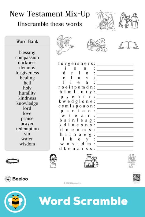 Advanced new testament-themed word scramble for kids ages 8 and up Word Scramble For Kids, Sunday School Games, Kids Sunday School Lessons, Scramble Words, Crafts And Activities For Kids, Ministry Ideas, Word Scramble, Word Bank, School Games