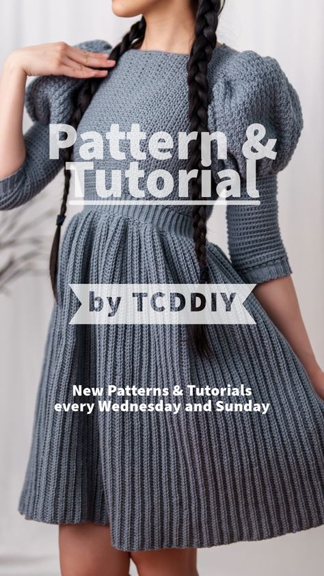 Crochet Pattern & Tutorial Live! Click here for the tutorial! Crochet Vintage Dress Pattern, Crochet Puff Sleeve Dress, Crocheted Dress Pattern, Crochet Winter Dress Pattern Free, Crochet Fashion Patterns Free Tutorials, Crochet Plus Size Dress, Free Crochet Clothes Patterns, Dress Crochet Pattern Free, Tcddiy Crochet