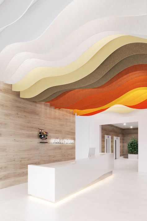 SKINNY BAFL - Open Office Acoustical Solutions Ceiling Office Design Modern, Curved Wall To Ceiling, Wave Interior Design, Open Space Interior Design, Organic Office Design, Open Ceiling Design, Acoustic Interior, Office Acoustics, Abstract Interior Design