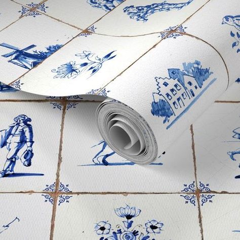 Delft tile large scale | Spoonflower Delft Blue Wallpaper, Delft Kitchen Ideas, Delft Tile Kitchen, Diy Delft Tile, Delft Tile Backsplash, Sw Delft, Delft Tiles Kitchen, Delft Wallpaper, Christmas Cookies Boxes Ideas