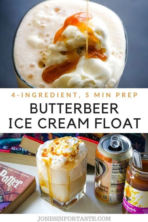 Butter Beer Ice Cream, Ice Cream Float Bar, Butterbeer Ice Cream, Movie Dinner, Beer Ice Cream, Ice Cream Float, Easy Party Desserts, Butterbeer Recipe, Drink Recipies