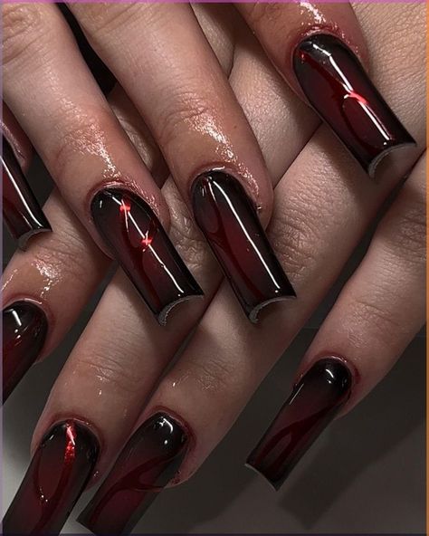 black and red nails ideas Long Nails Black And Red, Red Vampy Nails, Black Nails With Red Chrome, Vampire Halloween Nails, Red And Black Chrome Nails, Red And Black Nails Design Classy, Medium Long Nails Ideas, Cute Dark Nails, Nail Art Black And Red