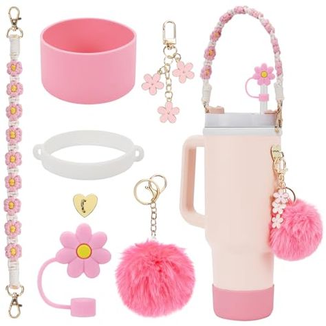 Limited-time deal: 3tyto Stanley Cup Accessories Set- Water Bottle Handle Strap, Siliocne Stanley Cup Boot, Stanley Charms for Stanley Cup 40oz Tumbler Stanley Charms, Unique Water Bottle, Ice Cream Holder, Straw Cover, Cup Accessories, Floral Rosa, Hari Valentine, Cup Sleeve, Botol Air