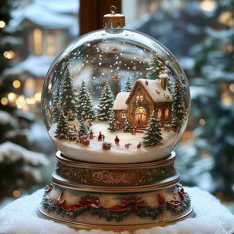 Snow Globe Gingerbread House, Snowglobe Aesthetic, Snow Globe Aesthetic, Tiny Christmas Village, Winter Reference, Snowglobe Art, Snow Globes Christmas, Xmas Snow Globe, Christmas Village Tree