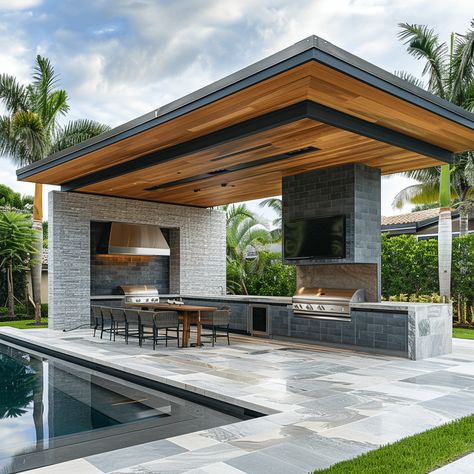 30 Modern Florida outdoor kitchen design ideas Out Kitchen Ideas Outdoor, Exterior Space Design, Outdoor Villa Design, Out Door Kitchen Ideas, Covered Pool Ideas, Outside Kitchen Ideas Covered Patios, Outside Kitchen Ideas Outdoor Spaces, Garden Kitchen Ideas, Florida Outdoor Kitchen