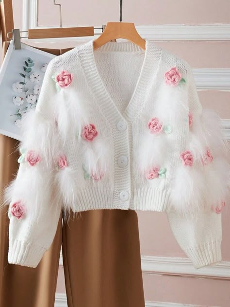 SHEIN Qutie Women's Three-dimensional Floral Plush Patchwork Cardigan | SHEIN Sweater Vest Ideas, Aesthetic Jackets, Sweater Hm, Cute Winter Sweaters, Korean Sweater, Fancy Sweater, Crochet Sweater Design, Shein Haul, Patchwork Cardigan