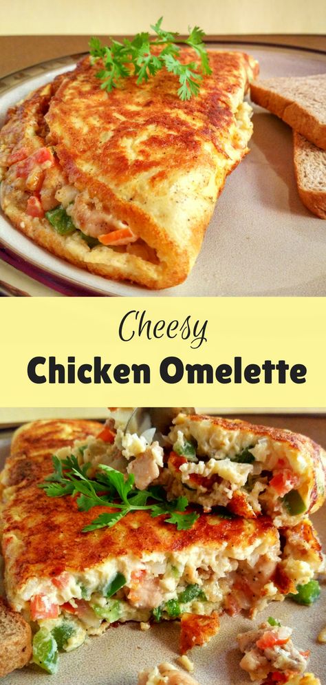 Dinner Omelette Ideas, Chicken Omelette Recipe, Stuffed Omelette Recipe, Cheesy Omelette Recipe, Chicken Breakfast Ideas, Best Cheese Omelette Recipe, Omlette Cheese Sandwich, Best Omelette Recipe, Unique Omelette Recipe