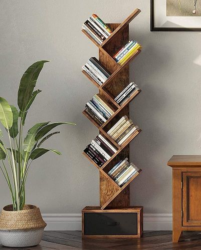 Modern Bookshelf Design, Brown Bookshelves, Vertical Bookshelf, Brown Bookcase, Wood Storage Rack, Bookcase With Drawers, Tree Bookshelf, Corner Bookshelves, Wood Bookshelves