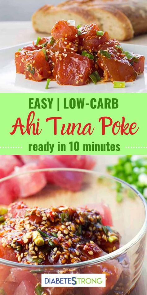 Ahi Tuna Poke – This delicious Hawaiian appetizer mixes tuna, avocado, sesame oil and a light touch of chili. Easy, healthy and delicious. Takes less than 10 min to make. #poke #ahituna #tuna #ahitunapoke #lowcarb Tuna Poke Recipe, Ahi Tuna Recipe, Ahi Tuna Poke, Poke Recipe, High Protein Dishes, Tuna Poke Bowl, Poke Bowl Recipe, Dinner Recipes Healthy Low Carb, Ahi Poke