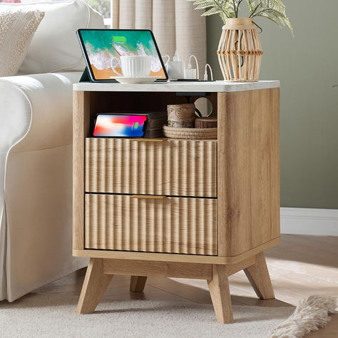 Fluted Nightstand with Charging Station, 18" Modern Side Table with Faux Marble Top, 2 Drawers End Table w/Storage, click on lin to purchase #promotion Fluted Nightstand, Mid Century Modern Nightstand, Nightstand With Charging Station, Stylish Tables, 2 Drawer Nightstand, Wood End Tables, Modern Nightstand, Modern Side Table, Drawer Nightstand