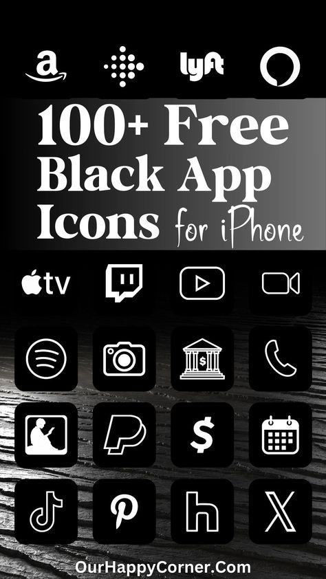 100 Free Black And White App Icons For Your iPhone - Our Happy Corner Black And White App Icons, Black App Icons, White App Icons, 100 Aesthetic, Apple Photo, Find My Friends, Free Icon Set, Black App, Free Aesthetic