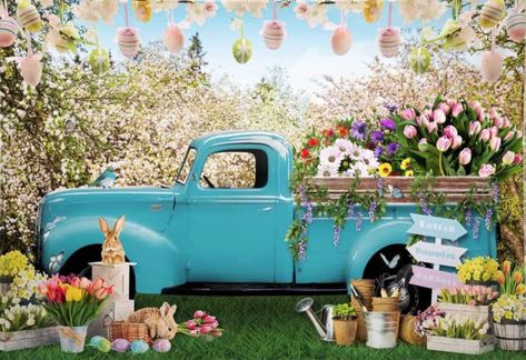 7x5ft Fabric Spring Easter Photography Backdrop Blue Truck Colorful Eggs Flowers Rabbit Background Tulip Floral Forest Photo Tapestry Booth Props Rabbit Background, Easter Photo Backdrop, 숲 사진, Photo Tapestry, Easter Photography, Floral Sofa, Colorful Eggs, Grass Background, Forest Party