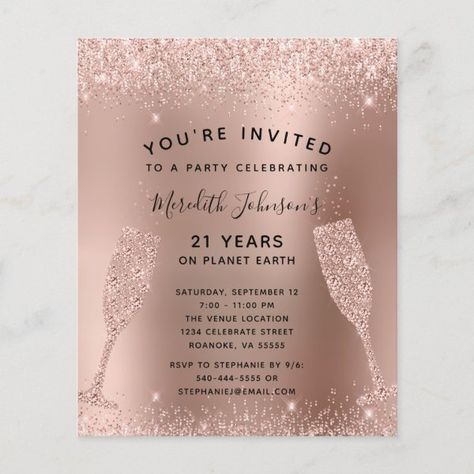 Budget 21st Birthday Champagne Rose Gold Invite Rose Gold Birthday Invitations, 21st Birthday Champagne, Gold Invitations Birthday, Gold Birthday Invitations, Bf Birthday, Birthday Champagne, Rose Gold Birthday, Rose Gold Invitations, 21st Birthday Invitations