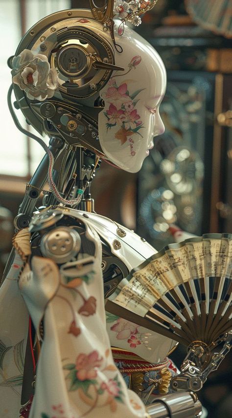 Prompt 👉Japanese porcelain robot with a traditional fan in hand, made in light colors with traditional floral patterns, close-up. The setting is an ornate museum hall filled with various mechanical sculptures and vintage electronic equipment. The mood should be mysterious yet elegant, reflecting the essence of futuristic craftsmanship and historical beauty in the style of photography. 👉 if Like, please Follow and Share AI Graphics Studio 👇Contact on WhatsAPP: http://tiny.cc/aigraphicsstudio ... Porcelain Robot Concept Art, Identity Sculpture, Mechanical Photography, Porcelain Warforged, Porcelain Robot, Porcelain Aesthetic, Futuristic Vintage, Random Reference, Be Mysterious