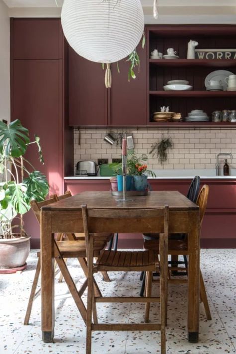 Burgundy Benjamin Moore, New London Burgundy, Burgundy Kitchen, Benjamin Moore Kitchen, Polished Plaster, Roof Lantern, Metal Stairs, Basement House, Timber Beams