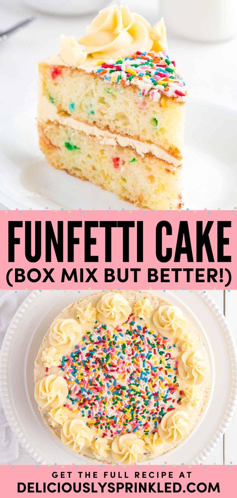 Here's another baking idea! It's also the perfect easy Thanksgiving dessert. With some tips on how to make boxed funfetti cake better, it comes out more delicious. Check out some variations to try with this funfetti box mix recipe! Box Cake Mix Bakery Style, Best Cake Box Mix Recipe, Birthday Cake With Box Cake, Boxed Cake Decorating Ideas, Make Boxed Cake Taste Homemade, Cake Mix Better, Birthday Cake From Box Cake, Funfetti Cake Box Mix Recipes, Funfetti Cake Mix Ideas