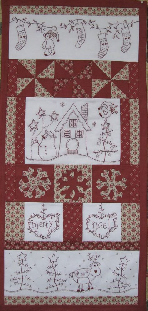 must do this with all my Christmas scraps Xmas Embroidery, Stitchery Patterns, Quilts Christmas, Christmas Stitching, Redwork Patterns, Primitive Stitchery, Christmas Patchwork, Quilted Wall Hanging, Christmas Embroidery Patterns