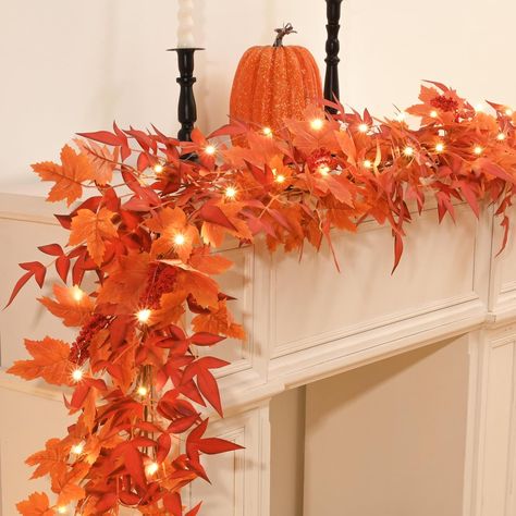 Wall Fireplace Decor, Fall Leaves Garland, Decoration For Thanksgiving, Lights Fall, Garland With Lights, Fall Garlands, Leaves Garland, Wall Fireplace, Fall Leaf Garland