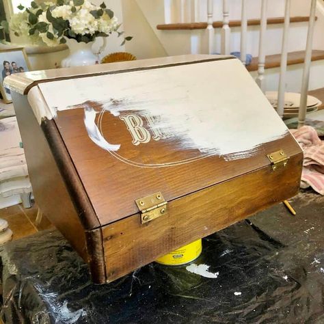 Vintage Breadbox Makeover [Quick & Easy] • Adirondack Girl @ Heart Bread Box Makeover Ideas, Wood Bread Box Diy, Paint Wood Box Ideas, Wooden Box Makeover, Breadbox Repurposed, Bread Box Repurpose, Wooden Box Decoration Ideas, Memory Box Ideas Diy Paint, Breadbox Ideas