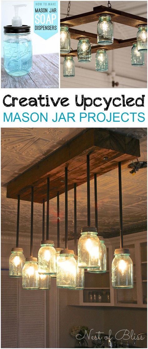 Creative Upcycled Mason Jar Projects Homemade Light Fixtures, Jar Projects, Mason Jar Lights, Jar Chandelier, Mason Jar Chandelier, Mason Jar Projects, Mason Jar Soap Dispenser, Kitchen Lights, Wine Bottle Diy Crafts