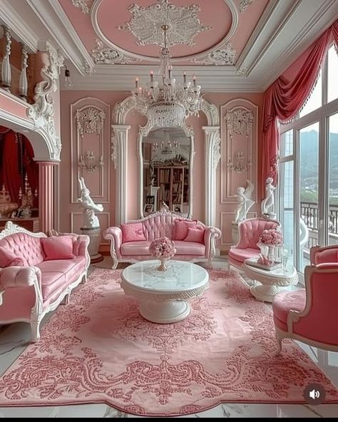 Pink Castle Interior, Pink Mansion Interior, Pink Mansion, Pink Princess Castle, Feminine Bedroom Decor, Living Room Wall Wallpaper, Princess Sarah, Castle Interior, Princess Palace