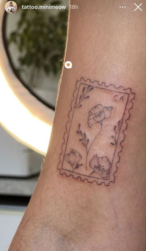 Colombian Heritage Tattoo, Carrying Your Love With Me Tattoo, Wa State Tattoo, California Poppy Stamp Tattoo, Marigold Stamp Tattoo, Tiny Stamp Tattoo, Finland Tattoo Ideas, Post Stamp Tattoo Ideas, Stamp Tattoo Placement