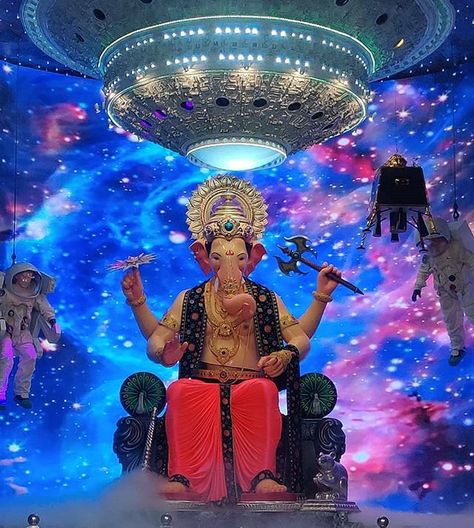 Lalbaugcha Raja the iconic Ganesh idol who has it's own Twitter account is shining bright this year with pandal decor based on the "Chandrayaan 2" theme.  People from all parts of the world are visiting the pandal to see the magnificent setup consists of galaxies astronauts spacecrafts and lots more.  Also known as "Navsacha Ganpati" in Marathi means the one who fulfill wishes Lalbaugcha Raja welcomes 1.5 million visitors every year during the festival.  It is believed that in 1932  the marketpl Ganesh Ji Images, Ganpati Bappa Wallpapers, Jai Ganesh, Shivaji Maharaj Hd Wallpaper, Ganpati Festival, Ganesh Lord, Ganesh Utsav, Happy Ganesh Chaturthi Images, Ganesh Chaturthi Images