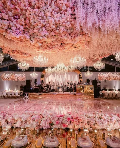 Extravagant Wedding Decor, Ceiling Wedding, Cherry Blossom Wedding Theme, Pink Ceiling, Hall Decorations, Cherry Blossom Theme, Box Wedding Invitations, Wedding Hall Decorations, Dream Wedding Decorations