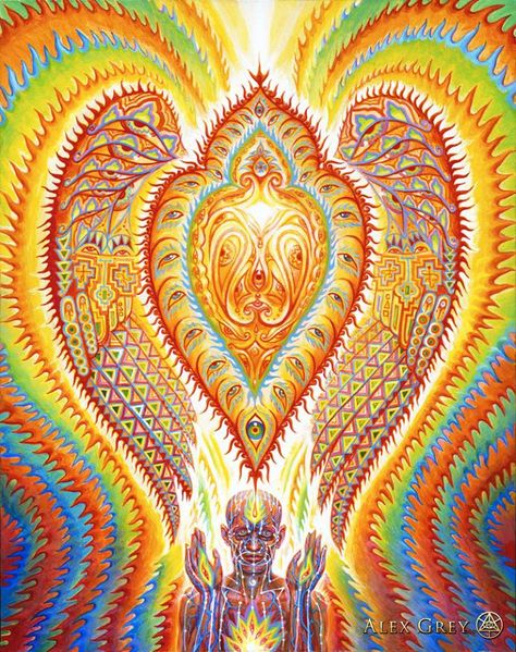 Since DMT is a naturally occurring neurotransmitter, there are always bio-chemical correlations to vision states, that is, as long as you are trapped in a skin bag. I think the pineal gland, the ol' melatonin pumping third eye, is the brains illicit drug factory. It's the stuff dreams are made of...  - Alex Grey - Alex Grey Paintings, Alex Gray Art, Grey Artwork, Alex Grey, Psy Art, Grey Art, Wow Art, Visionary Art, Trippy Art