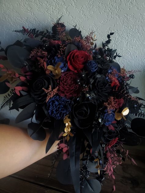 Custom Bouquet Moody Dark Black Wine Navy Blue Burgundy Gold Sola Wood Dried Flowers Preserved Eucalyptus Wedding Style 741 - Etsy Dark Acadamia Weddings, Dark Blue And Red Wedding, Dark October Wedding, Moody Fall Wedding Flowers, Navy Black Wedding, Dark Wedding Bouquet, Dark Fantasy Wedding, Dark Wedding Aesthetic, Black And Blue Wedding