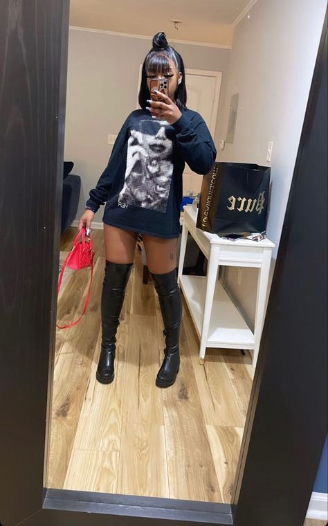 Shirt Dress With Knee High Boots, Thigh High Boots With Jean Shorts, Baddie Outfits Boots, Shein Boots Outfit, Black Leather Boots Outfit Black Women, Boots And Skirt Outfit Black Women, High Knee Boots Outfit Black Women, Atlanta Baddie Outfit, Long Sleeve Graphic Tees Outfit Baddie