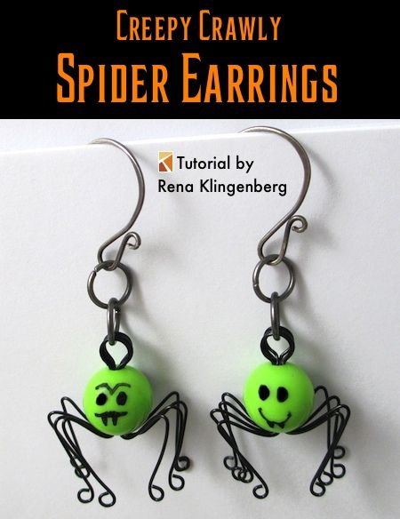 Creepy Crawly Spider Earrings - tutorial by Rena Klingenberg Jewelry Journal, Halloween Jewelry Diy, Journal Jewelry, Beaded Spiders, Spider Earrings, Earrings Tutorial, Halloween Beads, Earring Tutorial, Halloween Earrings