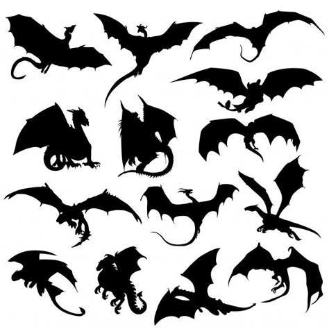 Dragon Silhouette Stencils, Dragon Shilloute, Silhouette Dragon Tattoo, Fantasy Vector Art, Small Dragon Silhouette Tattoo, Dragon Sillouttes Tattoo, Dragon Sillouhette, Simple Dragon Silhouette, Animal Silhouette Tattoo