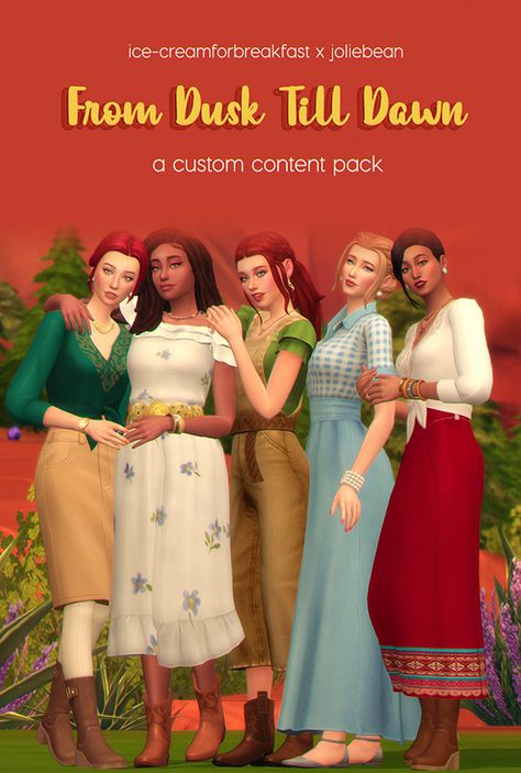 From Dusk Till Dawn - a custom content pack by HFO x Joliebean | Joliebean on Patreon Sims 4 Irish Cc, Sims 4 Maxis Match Cottage Core, Sims 4 Cc Mexican Clothes, Sims 4 Country Cc Maxis Match, Sims 4 Long Skirt Cc Maxis Match, Sims 4 Cottage Core Clothes, Ts4 Country Cc, Sims 4 Cottagecore Cc Maxis Match, Sims 4 Cc Country Clothes