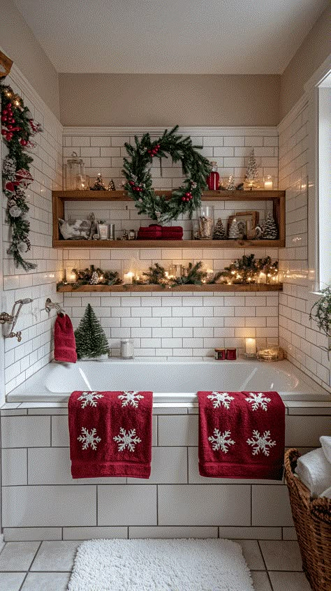 21+ Creative Christmas Bathroom Decor Ideas for a Festive Vibe - Evinco Design Cute Christmas Home Decor, Gingerbread Bathroom Decor, Holiday Home Decor Ideas, Farmhouse Christmas Bathroom, Christmas Bathroom Ideas, Christmas Aesthetic Decor, Christmas Bathroom Decor Ideas, Bathroom Christmas Decor, Cozy Home Decor Ideas