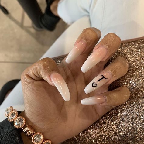 Acrylic Nails With A T Initial, Acrylic Nails Boyfriends Name, Nail Designs With A T Initial, Long Acrylic Nails Coffin With Initials, White Acrylic Nails Coffin With Initial, Nails With Letter T On Them, Nails Acrylic Coffin With Initial, Boyfriend Name Nail Designs, Letter T Nails