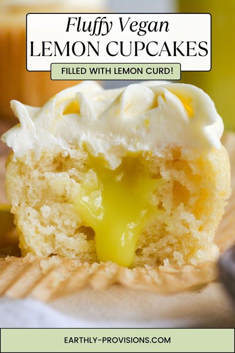 These Vegan Lemon Curd Filled Cupcakes are light and fluffy and filled with creamy lemon curd! They are absolutely packed with fresh lemon juice and zest making them the perfect dessert for all lemon lovers. Vegan Lemon Cupcakes, Vegan Cake Frosting, Vegan Molasses Cookies, Vegan Cupcake Recipes, Vegan Lemon Curd, Lemon Cupcake Recipe, Savory Bread Recipe, Vegan Lemon Cake, Lemon Curd Cake