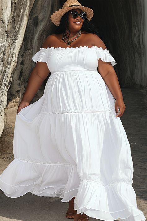 Xpluswear Italy Vacation Outfits Plus Size, Plus Size Vacation Outfits, Tulum Outfits Ideas, Vacation Outfits Plus Size, White Maxi Dress Outfit, 30th Birthday Outfit, Summer Birthday Outfits, All White Party Outfits, Fair Costume