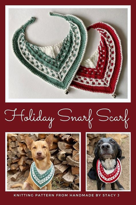 Image of 2 Holiday Snarf Scarves as flat image, as well as modeled by 2 dogs (Bucket & Moxxi) designed by Handmade by Stacy J. Crochet Puppy Collar Free Pattern, Knit Dog Scarf Free Pattern, Dog Bandana Knitting Pattern, Crochet Dog Bandana Christmas, Knitted Dog Bandana Free Pattern, Crochet Bandana For Dogs, Dog Scarf Crochet Pattern Free, Crochet Dog Scarf Free Pattern, Crochet For Dogs Patterns Free