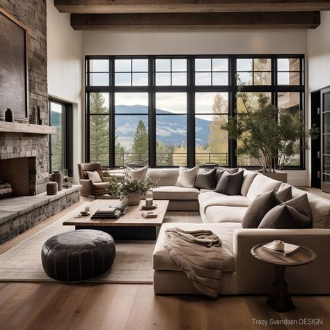 modern-rustic-mountain-home-tracy-svendsen-design-1 North Carolina Mountain Home Interiors, Modern Farm Fireplace Ideas, Rustic Mountain Homes Interior Bedroom, Modern Farm Interior Design, Neutral Style Living Room, Rustic Mountain Living Room, Mountain Farmhouse Living Room, Luxe Lodge Decor Interior Design, Rustic Modern Style